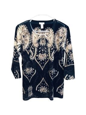 Chicos Top Women 0 Black Round Neck 3/4 Sleeve Paisley Polyester Knit Pullover